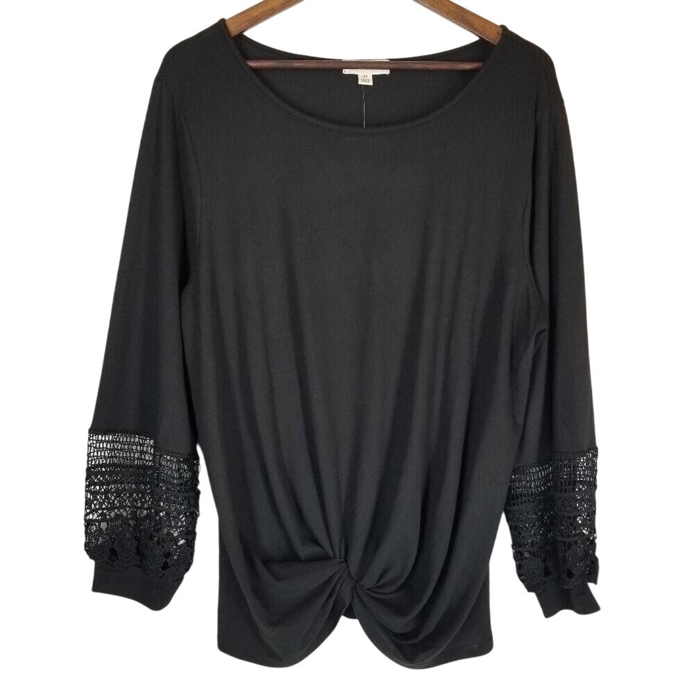 Blue Mood Black Crochet‎ Sleeve Knot Front Long Sleeve Top Plus Size 3X
